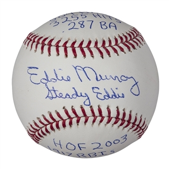 Eddie Murray Signed and Inscribed Stat Baseball (PSA/DNA)